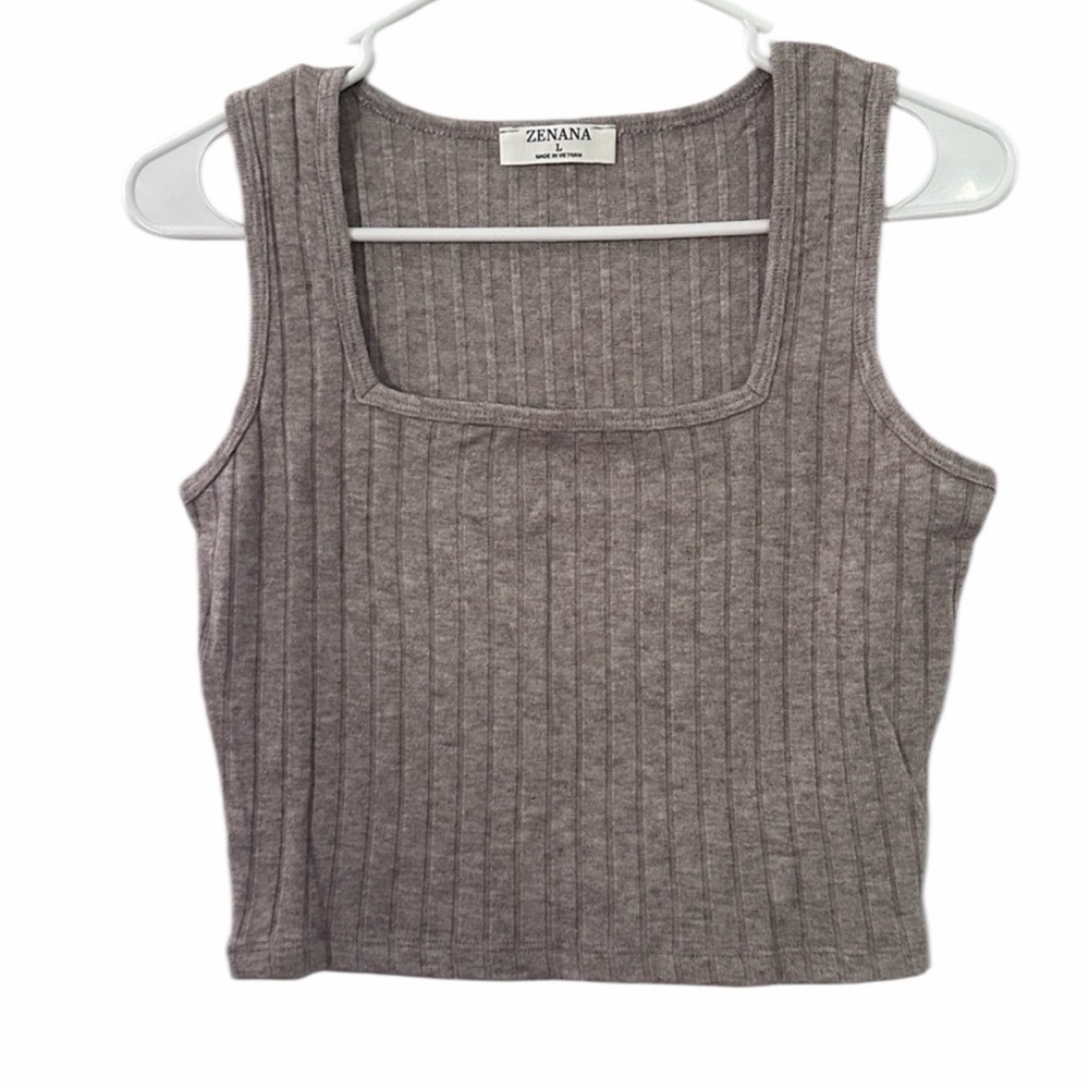 Zenana Outfitters Ribbed Taupe Tank Top - Size Large (PTP 16”) Length - 17”